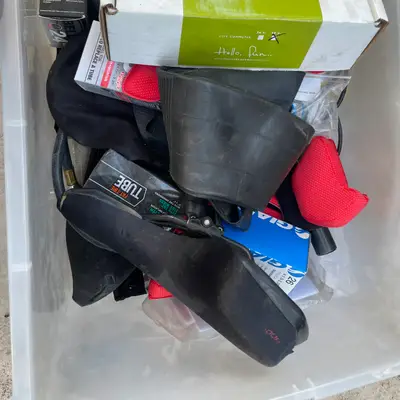 Bin of bicycle parts and spares