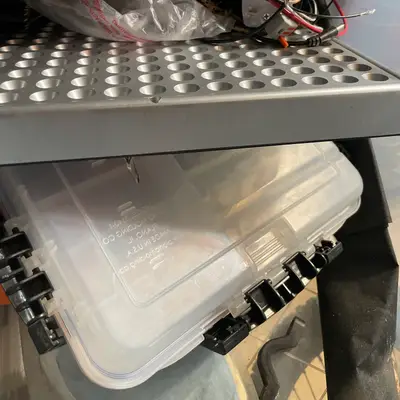 Mixed parts bin — electrical, plumbing, grow-light & cable holders